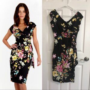 The Pretty Dress Company Black Floral Cap Sleeve Ruched Pencil Dress UK 14 US 10